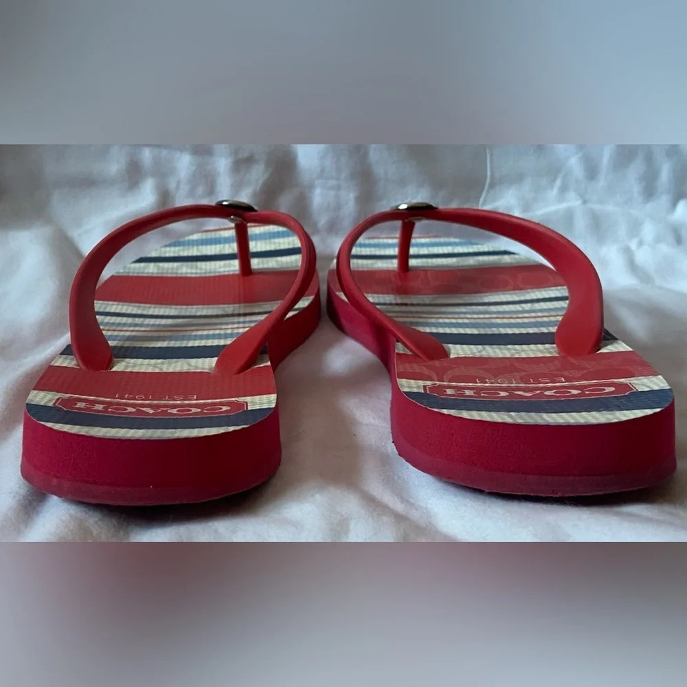 Coach Red, White & Blue Striped Flip Flops With Logo Button Detail Size 7 - Picture 4 of 5